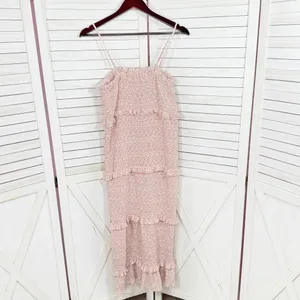 Mabel Daphne Ditsy Flower Ruffe Trim Smocked Midi Long Tube Dress Pink‎ Large thumbnail 11