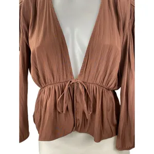 Aritzia Wilfred Shanina Womens Brown Deep V Neck Long Sleeve Tie Blouse Top Sz S thumbnail 2