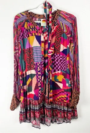 FARM RIO Long Sleeves Mixed Abstract Patches Button Front Mini Dress Small Boho thumbnail 1