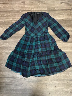 J.Crew Green & Navy Plaid Tiered Dress | Long Sleeve V-Neck | Size 0 | Classic thumbnail 2