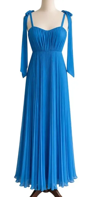 Blue Pleated Maxi Dress Tie Shoulder Formal Gown NWOT Size Small thumbnail 1