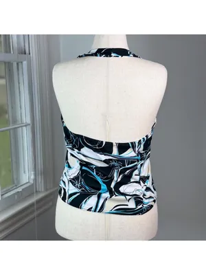 Y2K Vintage Halter Top Blue Black Floral Abstract Swirls Small McBling Going Out thumbnail 3