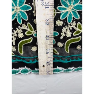 Boho‎ Floral Hand Embroidered Kurta Tunic Top Black Turquoise Scallop Trim M/L thumbnail 5