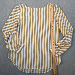 LOFT Women's Medium White Yellow Stripe Long Sleeve Keyhole Back Blouse Top thumbnail 5