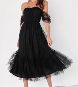 Lulus Divine Dreamer Off the Shoulder Tiered Midi Dress,‎ Black, Small, NWT thumbnail 1