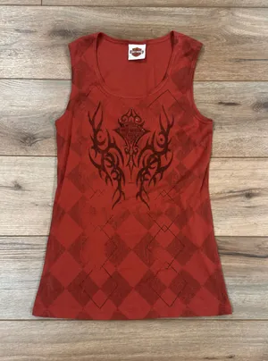 HARLEY DAVIDSON 100% Cotton 2008 Y2k Red and Black Tribal Checkered Tank Top | L thumbnail 1