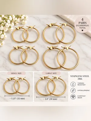 4 pairs - Gold Stainless Steel Hoop Earring Set cute new daily wear gift thumbnail 2