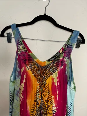 Sol Dashiki Rayon Tie Dye Boho Resort Cover-Up Mini Sundress Beach Vacation thumbnail 3