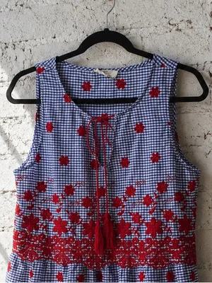 Entro Cotton Gingham Fit & Flare Dress Red Floral Lace Embroidered Sz. L thumbnail 5