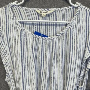 BRIGGS Linen Blend Midi Dress L Blue Striped Flutter Sleeve Belted NWT Coastal thumbnail 11
