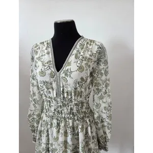 Max Studio Green Floral Dress Milkmaid Smock Flirty Vacation Travel Cottagecore thumbnail 3