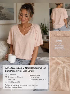 Aerie Oversized V-Neck Boyfriend Tee Soft Peach Pink Size Small thumbnail 2