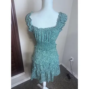 Dark Green Floral Milkmaid Mini Dress Smocked Waist Cottagecore Ruffle Small thumbnail 4