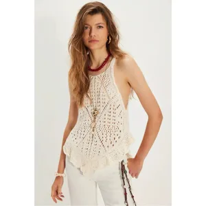 Free People Retro 70s Beachy Crochet Sea Song Sweater Tank Tunic Medium Neutral thumbnail 4