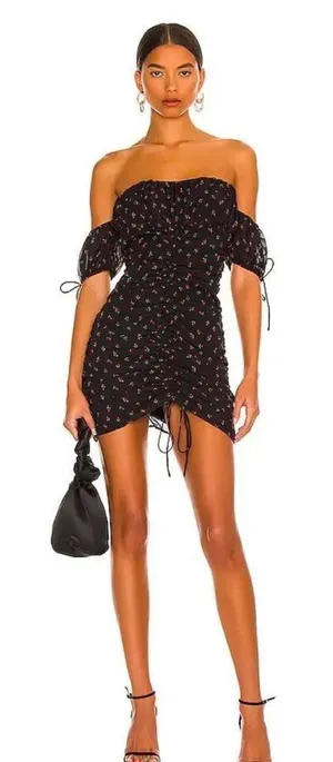 Revolve, More to Come- Emily off shoulder dress in black floral thumbnail 1