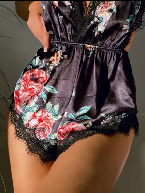 Boutique Floral Print Black Lace Trim Satin Teddy Bodysuit (M) New thumbnail 3