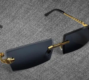 Black Rimless Rectangle Gold Serpent Y2K Sunglasses thumbnail 1