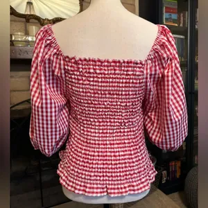 VINE & LOVE Red & White Gingham Milkmaid / Picnic / Puff Sleeves Top - Small thumbnail 5