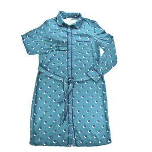 Boden Teal Green Crescent Moon Polka Dot Shirt Dress US 8R Navy Piping Belted thumbnail 4