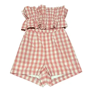 Entro NWOT Pink And White Gingham Strapless Ruffle Romper thumbnail 1