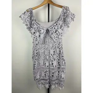 ASTR Purple Lilac Crochet Lace Off Over The Shoulder Mini Dress Size‎ XS thumbnail 4