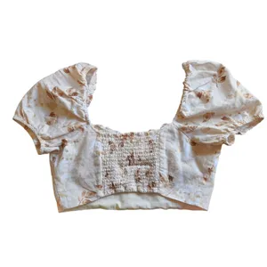 House of Harlow 1960 Linen Blend Sweetheart Crop Top Cream Brown Print Puff , 10 thumbnail 4