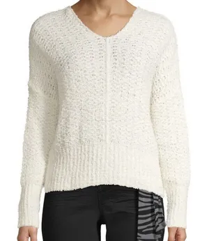 Time and Tru Large L 12-14 Tape Yarn Sweater Cream V-Neck Open Knit Pullover thumbnail 1