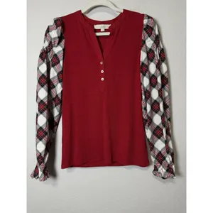 LOFT Women’s Ribbed Henley Red Plaid Mixed Media‎ Puff Shirred Ruffle Sleeves S thumbnail 14