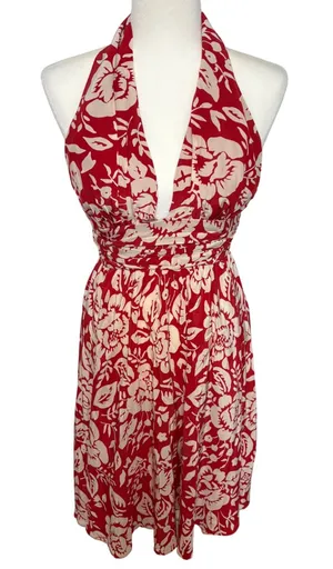Y2K Moda Red Floral 100% Silk Halter‎ Dress Ruched Waist Size 4 Romantic flowy thumbnail 1
