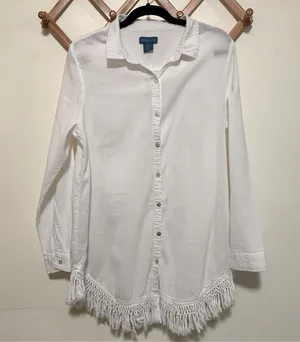 Antibes Blanc woman 100% cotton sheer white long sleeve button up shirt size L thumbnail 1