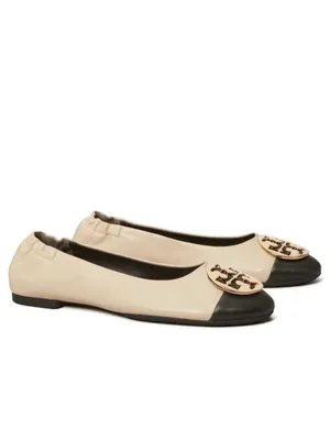 Tory Burch Claire Cap Top Leather Ballet Flats in New Cream/Black Size 9 Neutral thumbnail 3