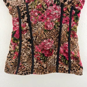 No Boundaries Vintage Y2K Brown Pink Leopard Rose Corset Style Mesh Babydoll Cami Tank Top thumbnail 5