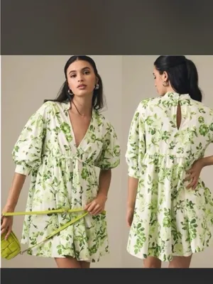 Maeve by Anthropologie V-Neck Tunic Dress in a white and green floral large thumbnail 3
