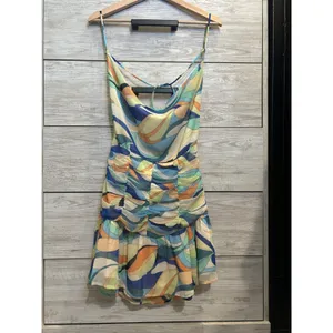Sky to Moon Retro Swirl Print Ruched Mini Dress Blue Orange Cowl Neck Large thumbnail 2