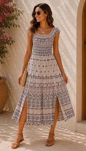 Kimchi Blue Cottagecore Pink Smocked Boho Floral Peasant Midi Dress S OB480474‎ thumbnail 1