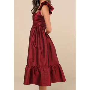 Lulus Poised Passion Wine Red Taffeta Pleated Ruffled Midi Dress thumbnail 2