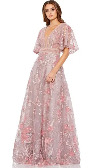 Mac Duggal Size 18 Pink Embroidered Floral V Neck Maxi Dress Gown thumbnail 1