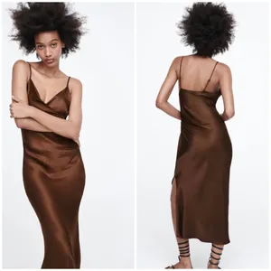 Zara satin effect midi brown dress thumbnail 3