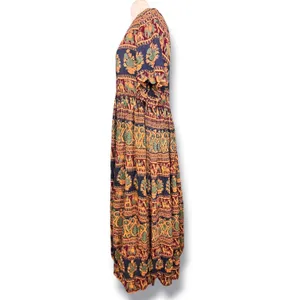 Vintage 90s Rayon Elephant Camel Print Boho Crinkle Maxi Dress Eclectic Artsy thumbnail 3