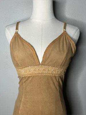 Y2K Vintage Camel Brown Faux Suede V Neck Sheer Lace Trim Bodycon Dress Fairy thumbnail 3