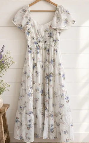 Floral Chiffon Flounce Sleeve Shirred Midi Dress Medium thumbnail 1