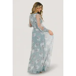 NWT Baltic Born Layla Tulle Maxi Long Sleeve V-Neck Dress Light Blue Floral XL thumbnail 2