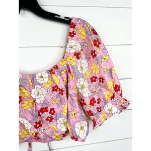 Vero Moda Pink Floral Print Puff Sleeve Tie Front Crop Blouse Size XL thumbnail 7
