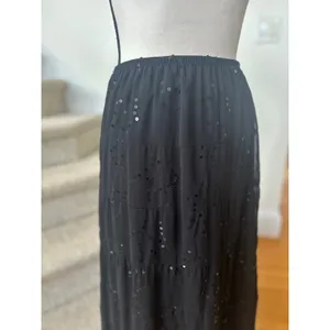 Vintage Y2K Black Sequin Embroidered Floral Tiered Whimsygoth Fairy Midi Skirt thumbnail 2