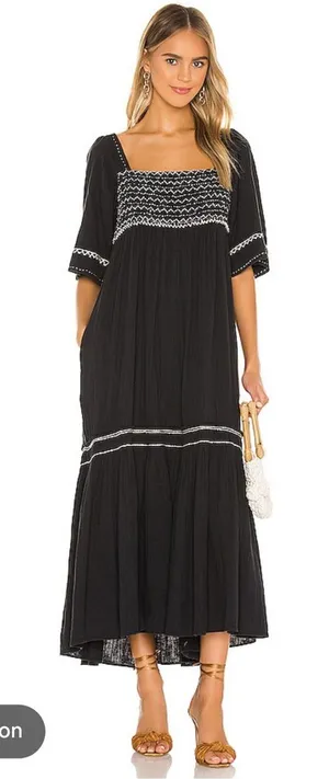 Free People Maxi Dress I'm The One Smocked Easy Fit Ruffle Black sz L thumbnail 1