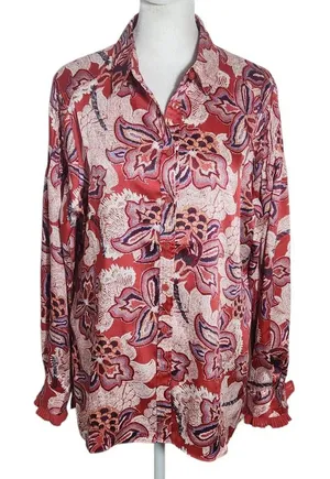 Chico's Red Satin Paisley Blouse with Ruffled Cuffs Size Medium Colorful Blouse thumbnail 1