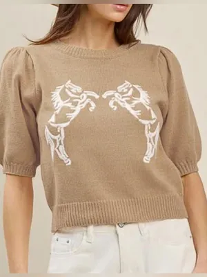ABLE Marlee Horse Embroidered Puff Sleeve Sweater Beige Approx S NWOT thumbnail 1