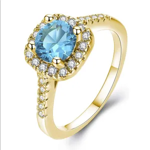 Gold CZ Blue Solitaire Crystal ring thumbnail 2