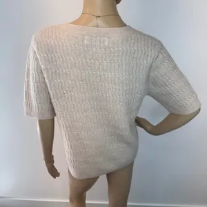 Magaschoni 100% Cashmere Short‎ Sleeve Sweater Cable Knit Beige Tan Womens S M thumbnail 4