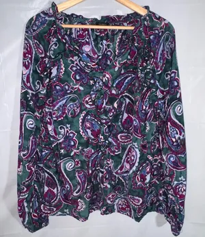 Talbots Womens Large Paisley Ruffle V-Neck Blouse Green Purple Long Sleeve Top thumbnail 1